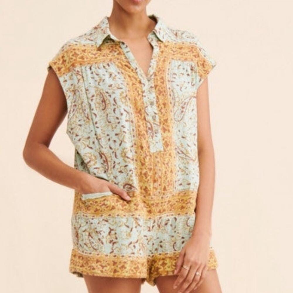 Free People Women’s Telly Collared Teal Hot Shorts Boxy Button Front Romper XS